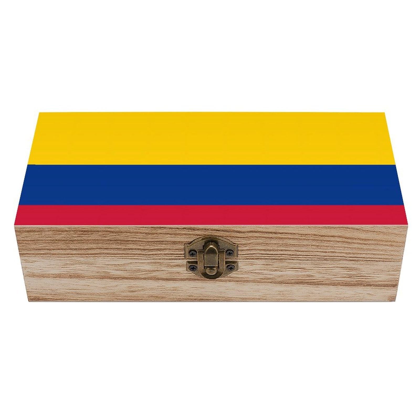 Colombian Flag Wooden Box with Hinged Lid Decorative Storage Case Container