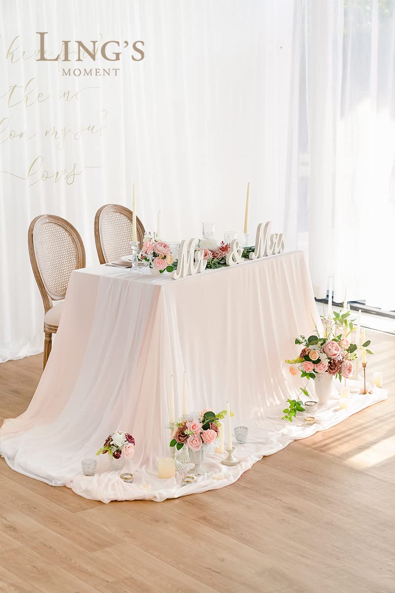 Ling's Moment Sheer Chiffon Tablecloth & Runner Set for 3x4ft Rectangle Table Decor Table Cloth in Blush & White for Wedding Reception Head/Sweetheart Desk