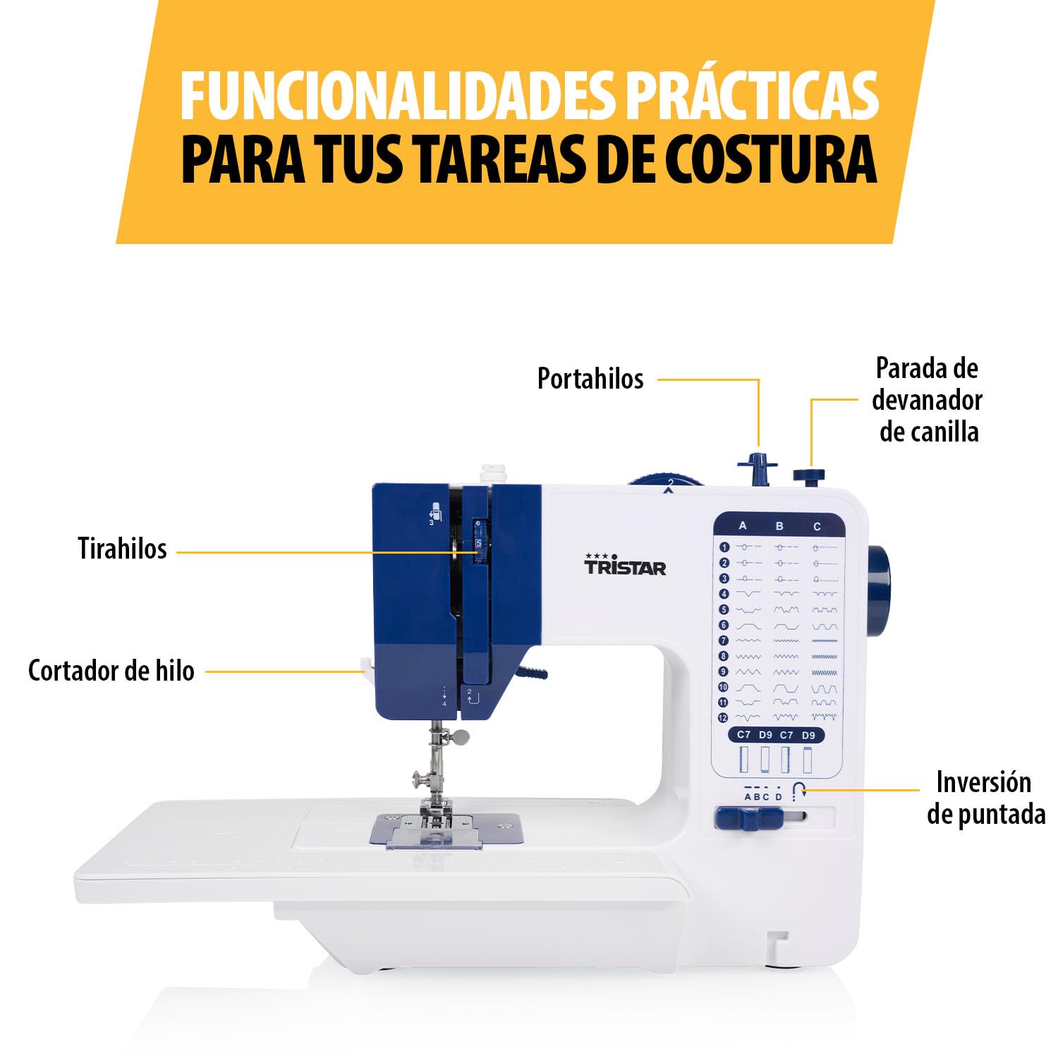 Tristar Máquina de Coser con 38 Puntadas, Mesa Extensible, Brazo Libre, Luz LED, Enhebrador Automático, Cortahilos, Control de Velocidad, Fácil de Usar, SM-6005