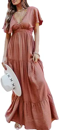 Women's Casual Short Sleeve V Neck Floral Maxi Dresses Boho Beach Photoshoot Flowy Ruffle Long Dress