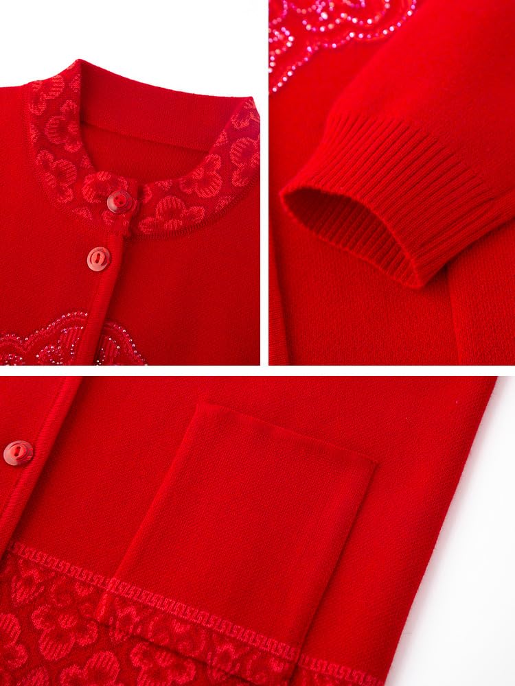 Cardigan Donna Invernale,Maglioni Cardigan Lavorati A Maglia per Donne Di Mezza Età E Anziane Magliette In Stile Cinese per Donne Anziane Stampe Retrò Maglioni Spessi Lavorati A Maglia Maglione