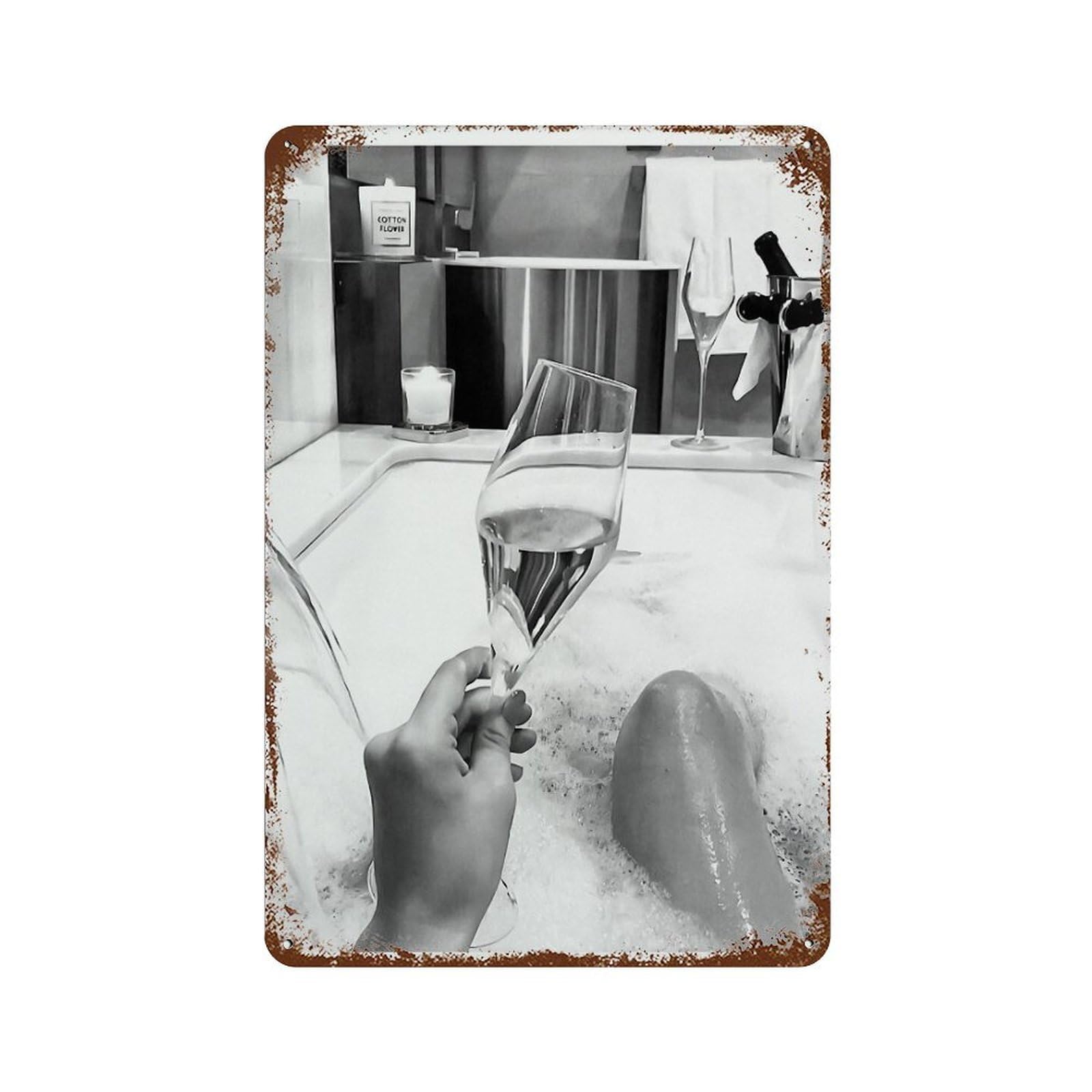 xiaoxiaoshen Woman Drinking Wine in Bathtub Print Wall Decor Art Metal Tin Poster Modern Home Decor Art Home Bar Shop Decorations Vintage Sign 30x20cm