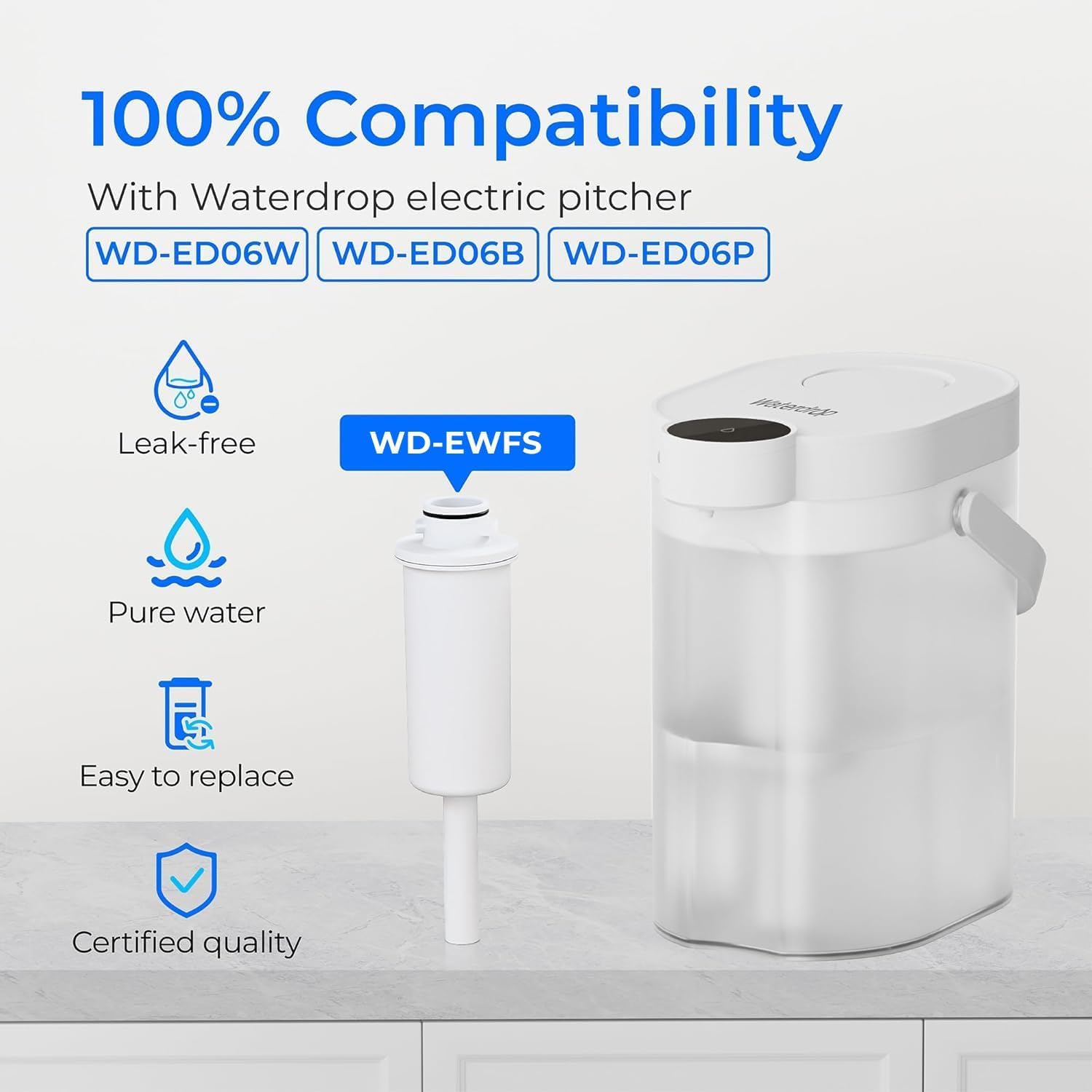 Waterdrop 𝐖𝐃-𝐄𝐖𝐅𝐒 Filtres pour Waterdrop Carafe Filtrante Instantanée 𝐖𝐃-𝐄𝐃𝟎𝟔𝐖, 𝐖𝐃-𝐄𝐃𝟎𝟔𝐁, 𝐖𝐃-𝐄𝐃𝟎𝟔𝐏, Durent jusqu'à 1 Mois ou 150 litres (lot de 3)