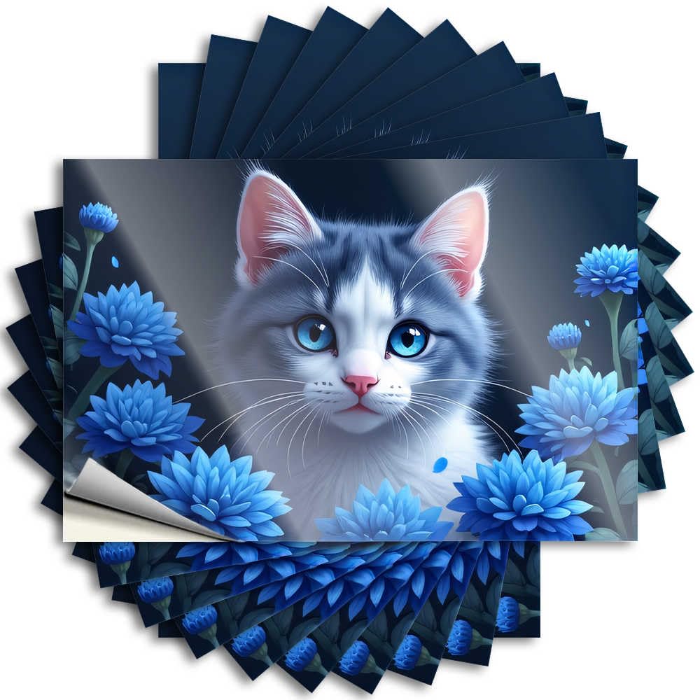 Abipuir Car Decals Blue Eyes and Blue Flowers: A Cat's Serene Portrait Stickers 10Pcs Funny Car Stickers and Decals Prank Stickers(12X18CM)