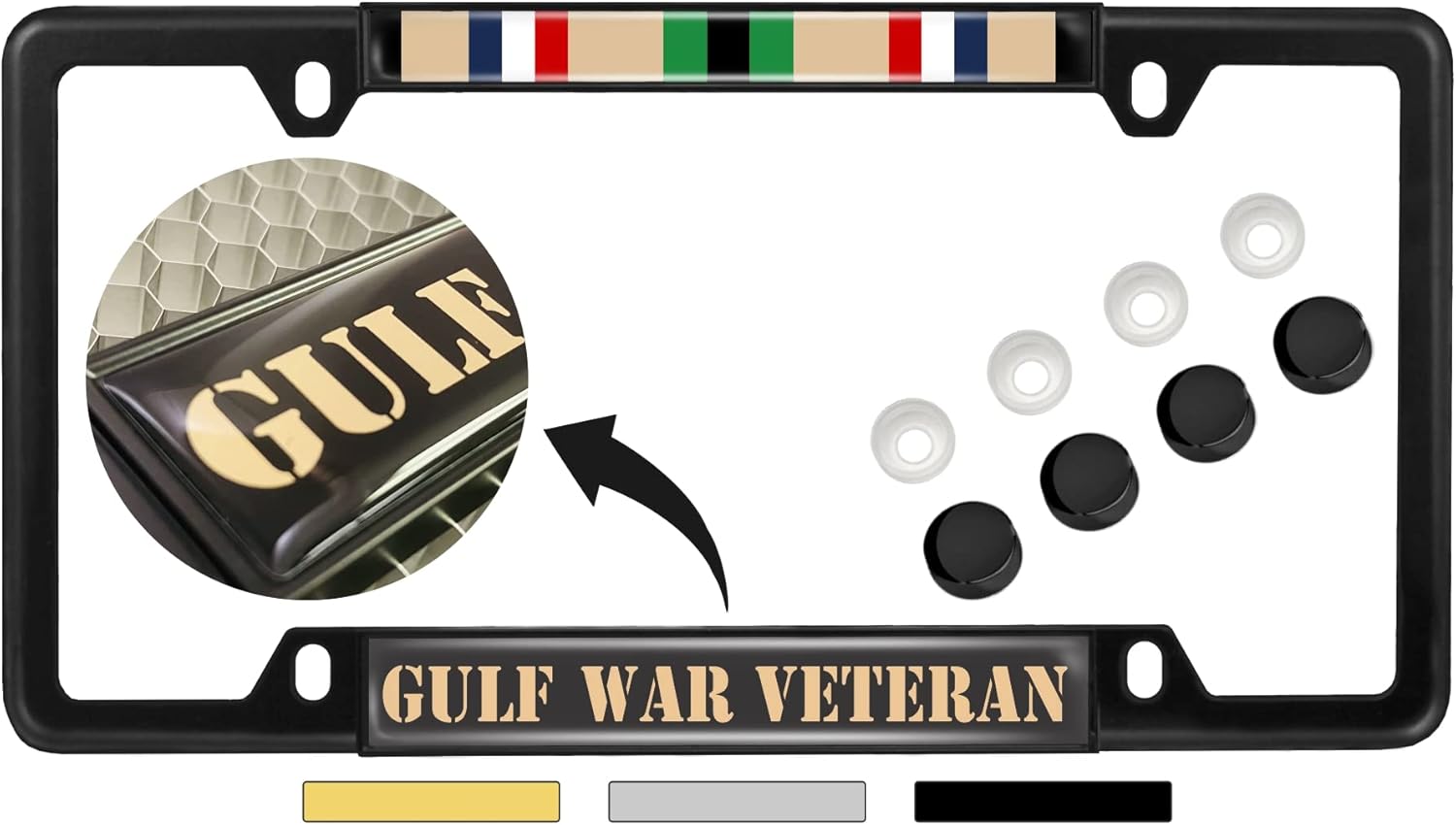 Gulf War Veteran - Domed Custom-Made Personalized Narrow (Thin) Top 4 Hole Metal Car License Plate Frame with Free caps - Black (Quantity: 1 Frame)