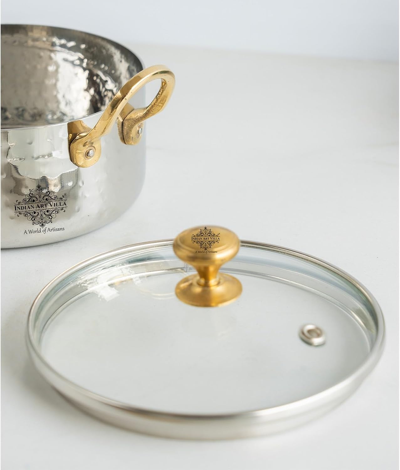 Indian Art Villa Hammered Stainless Steel Serving Bowl with Brass Handles and Glass Lid – 5.3 Inch Diameter, Ideal Servware, Tableware for Home & Restaurant Use