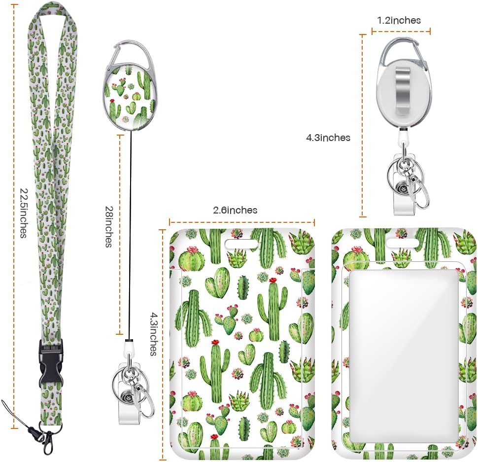 Cactus ID Badge Holder Badge Reel Lanyards for ID Badges Keychain Vertical Protector Retractable Carabiner Clips Heavy Duty Key Lanyard for Women Psychologist Economist Office Gifts for Birthday - Image 2