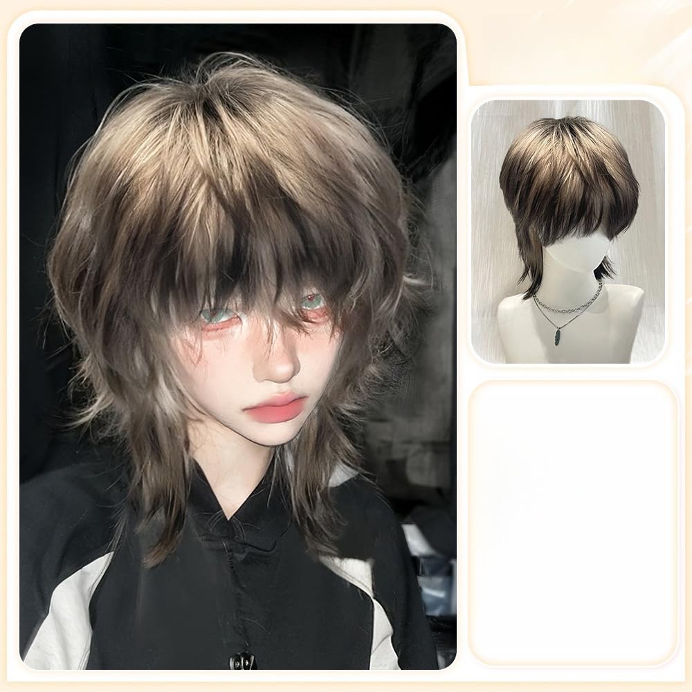 Black Blonde Ombre Wolf Cut Mullet Wigs for Men Women Short Layered Wig with Bangs Natural Looking Heat Resistant Synthetic Wigs for Daily Use