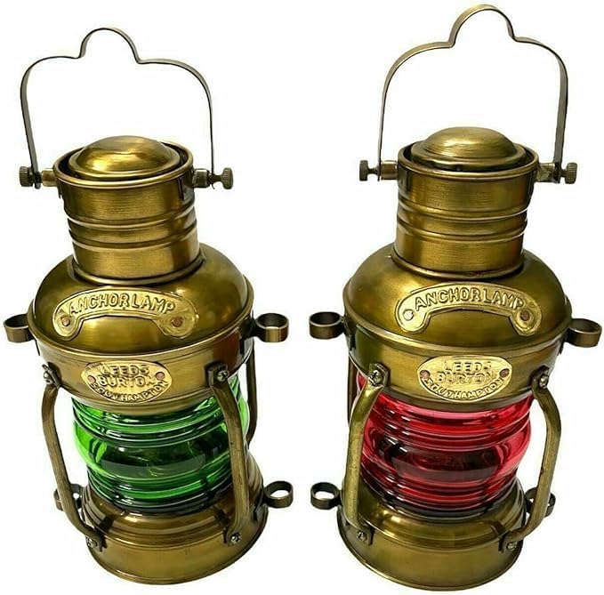 Anchor Lamp Nautical Oil Lantern, Brass Finish, Red and Green Glass, Set of 2