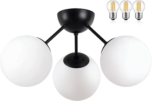 Lámpara de techo semiempotrada moderna de mediados de siglo, 3 luces, globo de cristal ópalo y negro mate, regulable, certificado UL, para