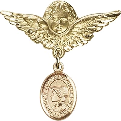 14kt Yellow Gold Baby Badge with St. Elizabeth Ann Seton Charm and Angel w/Wings Badge Pin 1 1/8 X 1 1/8 inches