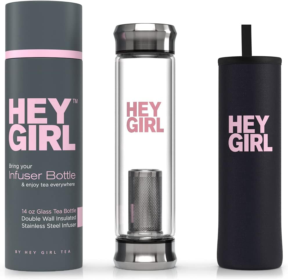 Hey Girl Tea Infuser Bottle For Your Favorite Loose Leaf, Bags, Cold Brew Coffee or Fruits - The Pefect Gift Idea For Women | Enjoy Your Favorite Drink Everywhere You Go and Make Your Friends Jealous