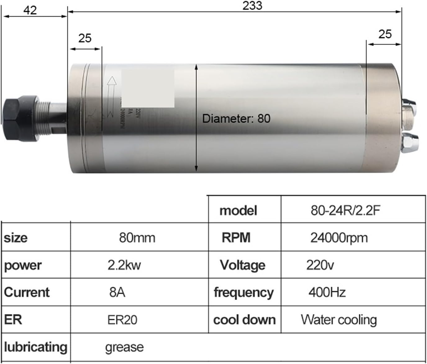 24000 rpm 400 Hz high torque 2.2 kW Er20 water-cooled spindle 220V, 380V 4 bearings(2.2kw 380V ER20)