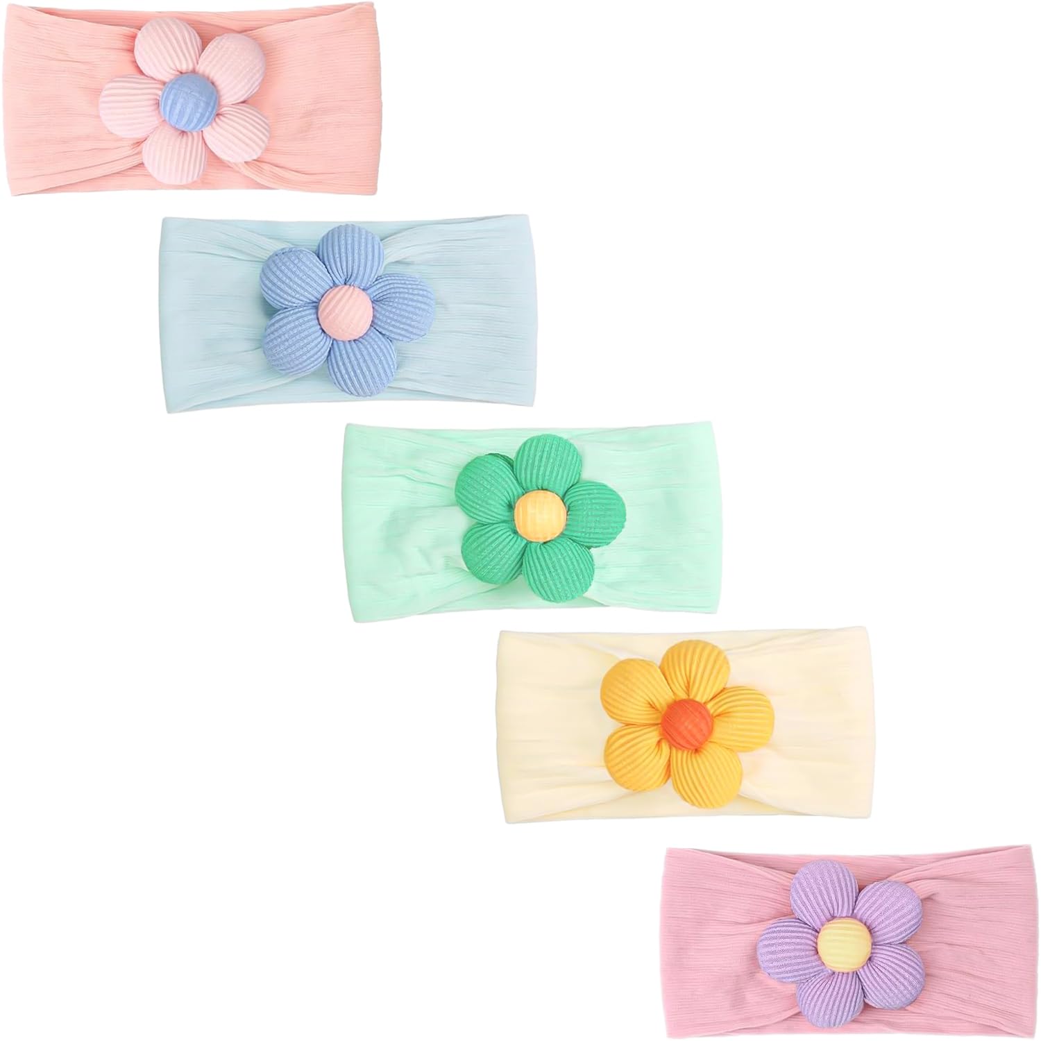 CÉLLOT 5 cerchietti per capelli in nylon per bambine, con fiori, morbidi, accessori per capelli per neonati e bambini (colori vivaci, tessuto di nylon con strisce orizzontali)
