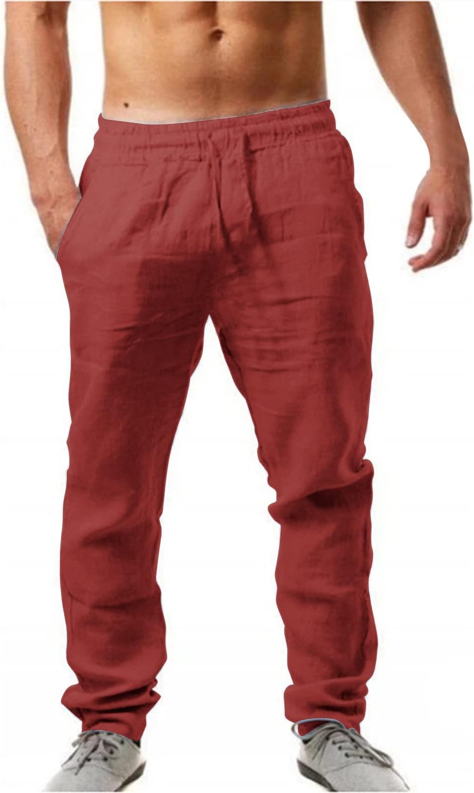 Mens Linen Trousers Cotton Jogging Bottoms | Elastic Beach Pants Comfortable Lightweight Pants | Loose Fit Drawstring Trousers Casual Yoga Pants | Baggy Pants with Pockets Straight