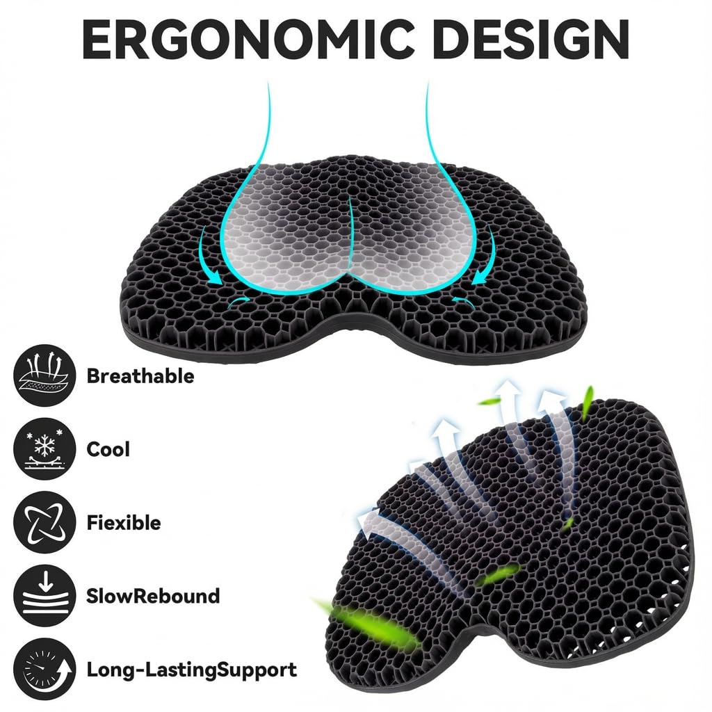 Cuscino ortopedico extra grande, 48 x 38 x 5 cm, struttura a nido d'ape per un forte sostegno, comfort, ideale come cuscino per auto, sedia da ufficio e cuscino per sedia a rotelle (nero)