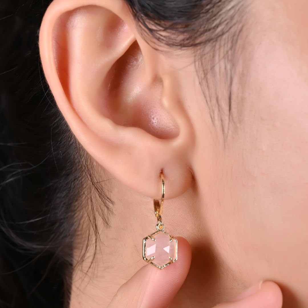 Gempires Gemstone Earrings with Hexagon Shape Gemstone Suspended with Lever Back Closure, 14k Gold Plated, Hypoallergenic and Safe Jewelry - Image 4