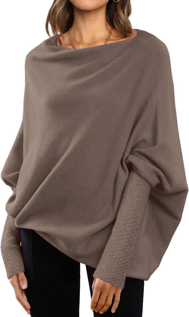 LILLUSORY Womens Batwing Oversized Sweaters Assymetrical Off The Shoulder Boat Neck Wrap Tunic Tops Fall