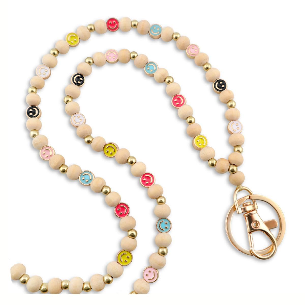Smile Teacher Lanyard for Women ID Badges and Keychain Cute Happy Wood and Metal Beaded Lanyard Badge Holder