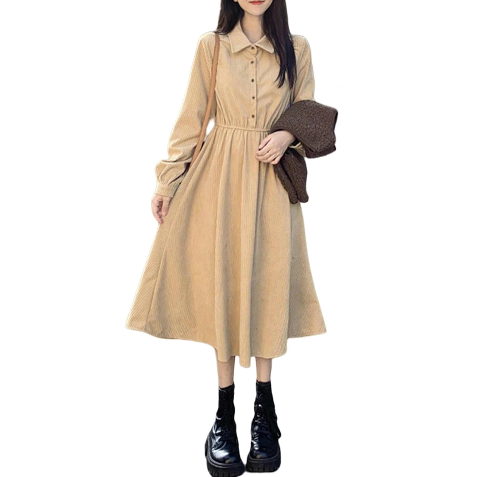 Vestiti a Maniche Lunghe Abito da Camicia Donna Preppy, Nuovo Solide, Elegante Midi Casual, Ufficio Classico E Vestito Quotidiano, Eleganti Abiti