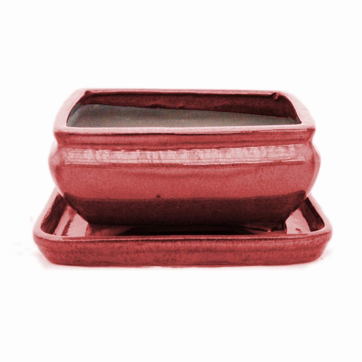 Ciotola Per Bonsai Exotenherz Con Piattino, Rettangolare Rosso G81 - 14,5x11,3x6,6 Cm, Smaltata