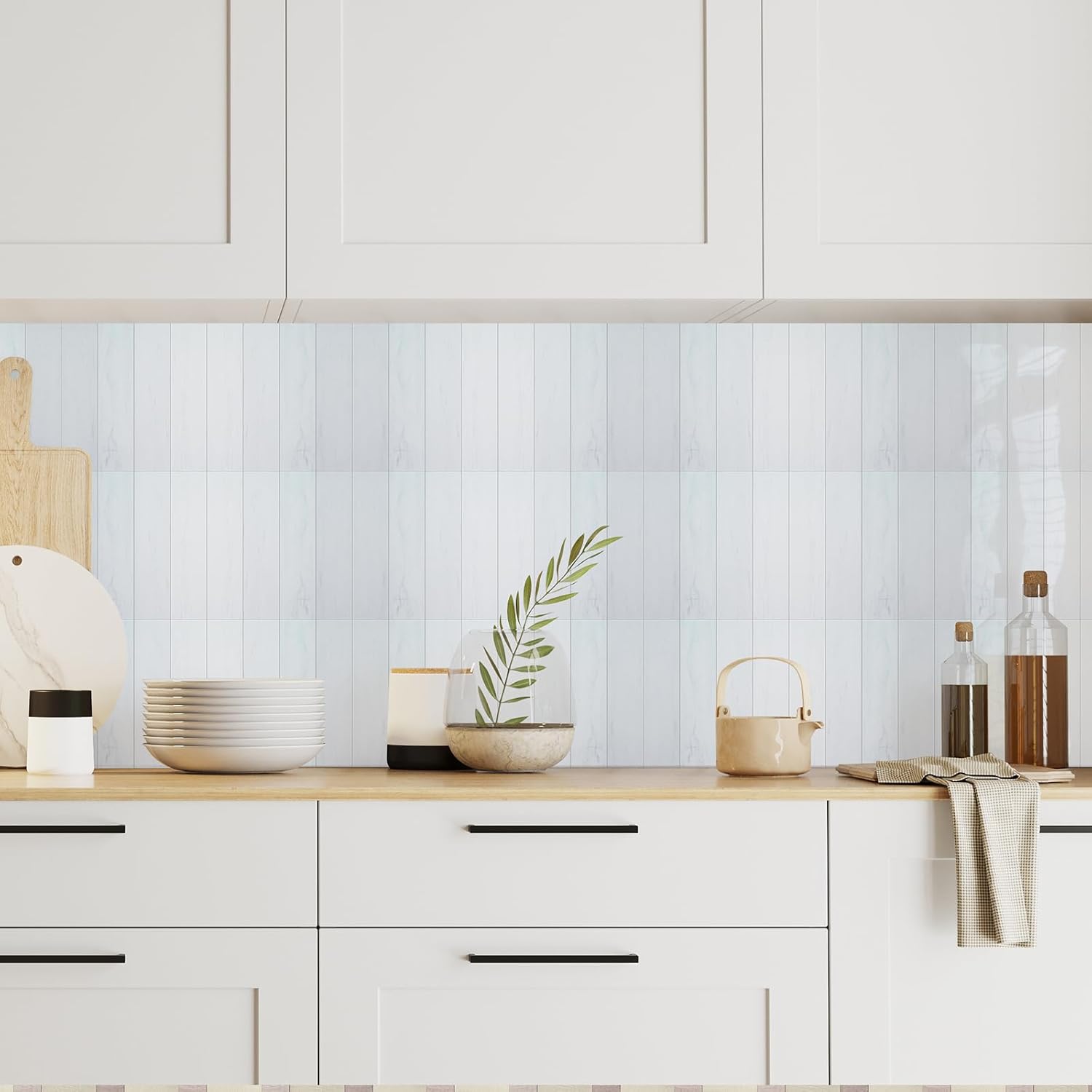 80-Piece Polished Dolomite Thick PVC Peel and Stick Backsplash, 2" x 8" Waterproof Subway Tile Peel and Stick Wall Tiles for Kitchen and Bathroom