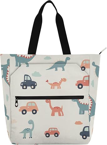 Decorative Book Bag Art Tote Bag for Kids Adults, Cute Cartoon Dinosaurs Sturdy Reusable Grocery Bag with Zipper Pockets for School and Playtime Rainbow para libros de