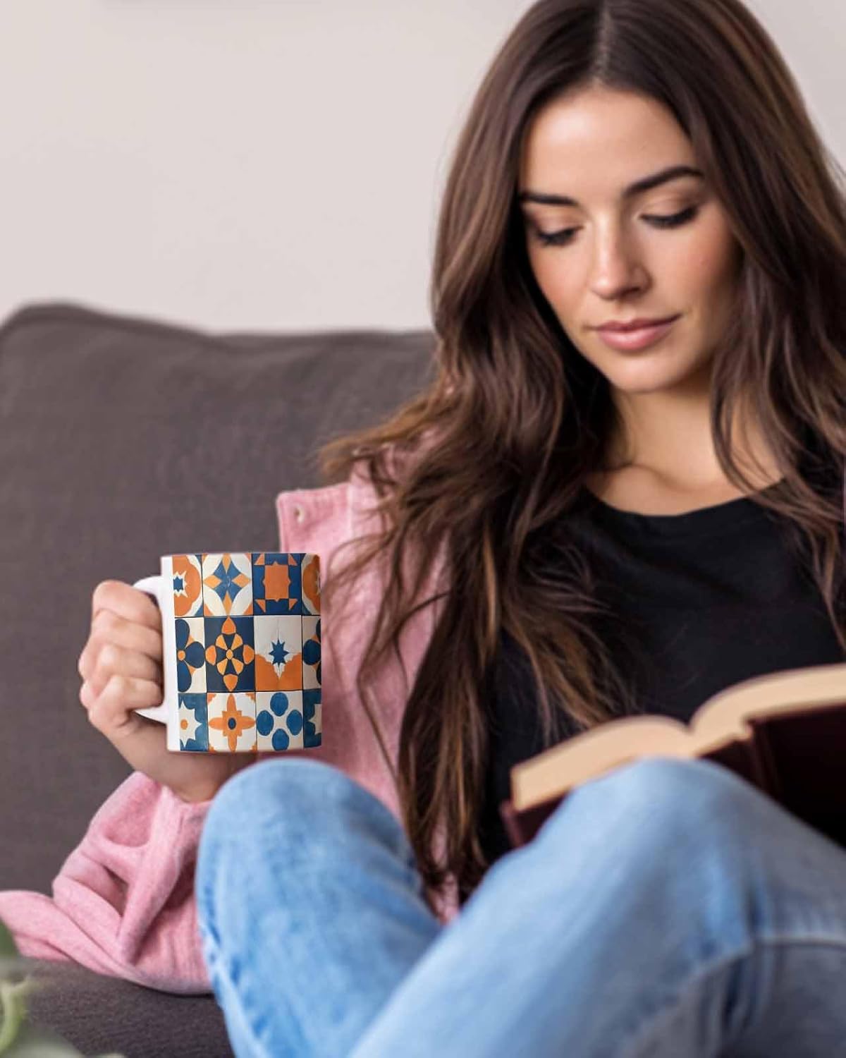 BEMIGO Ceramic Coffee Mug Boho Abstract Geometric Ceramic Mug White Cup, Orange Blue Art Insulated Coffee Cup with Handle with Pattern Perfect for Tea and Hot Beverages, 12oz