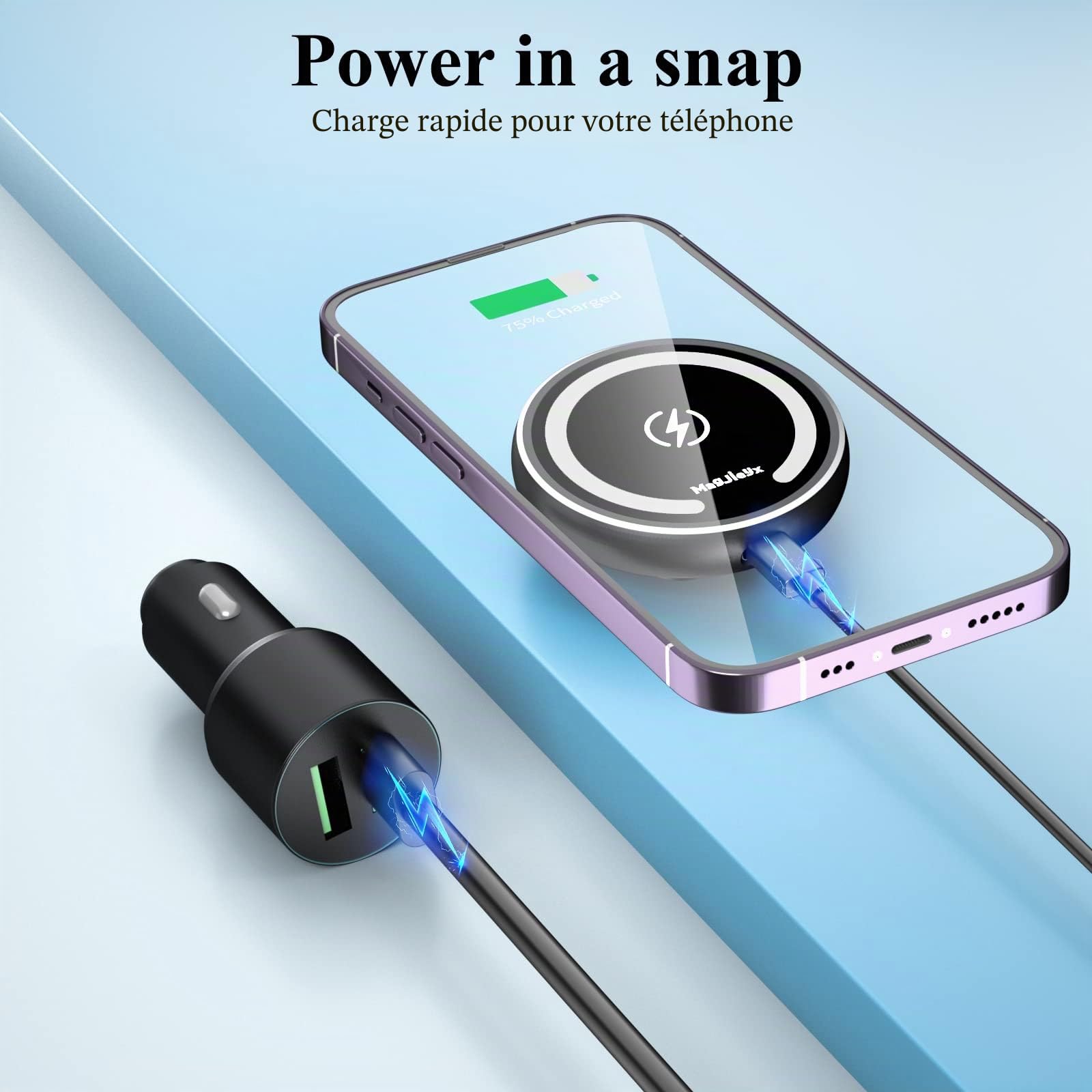 MAGJIEYX Support Telephone Voiture Induction pour MagSafe,15W Magnétique Chargeur sans Fil Voiture pour iPhone15,14,13,12 Série, pour MagSafe Cas,Ventilation/Tableau de bord/Pare-brise, Adapter Inclus