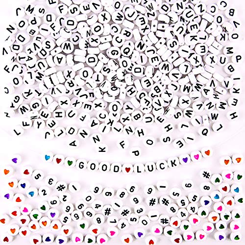 FEPITO 1800pcs White Round Letter Beads Acrylic Number Beads Love Heart and Alphabet Beads with 1 Roll Elastic Crystal String Cord for Jewelry Making DIY Necklace Bracelet