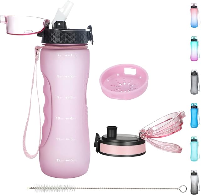 OLDLEY 750ml/25oz Water Bottles with Straw Leakproof Kids Water Bottles for School Plastic Drink Bottles Reusable Hydrate Sports Bottles BPA Free Filter Time Markings Gym Bottles for Women Men