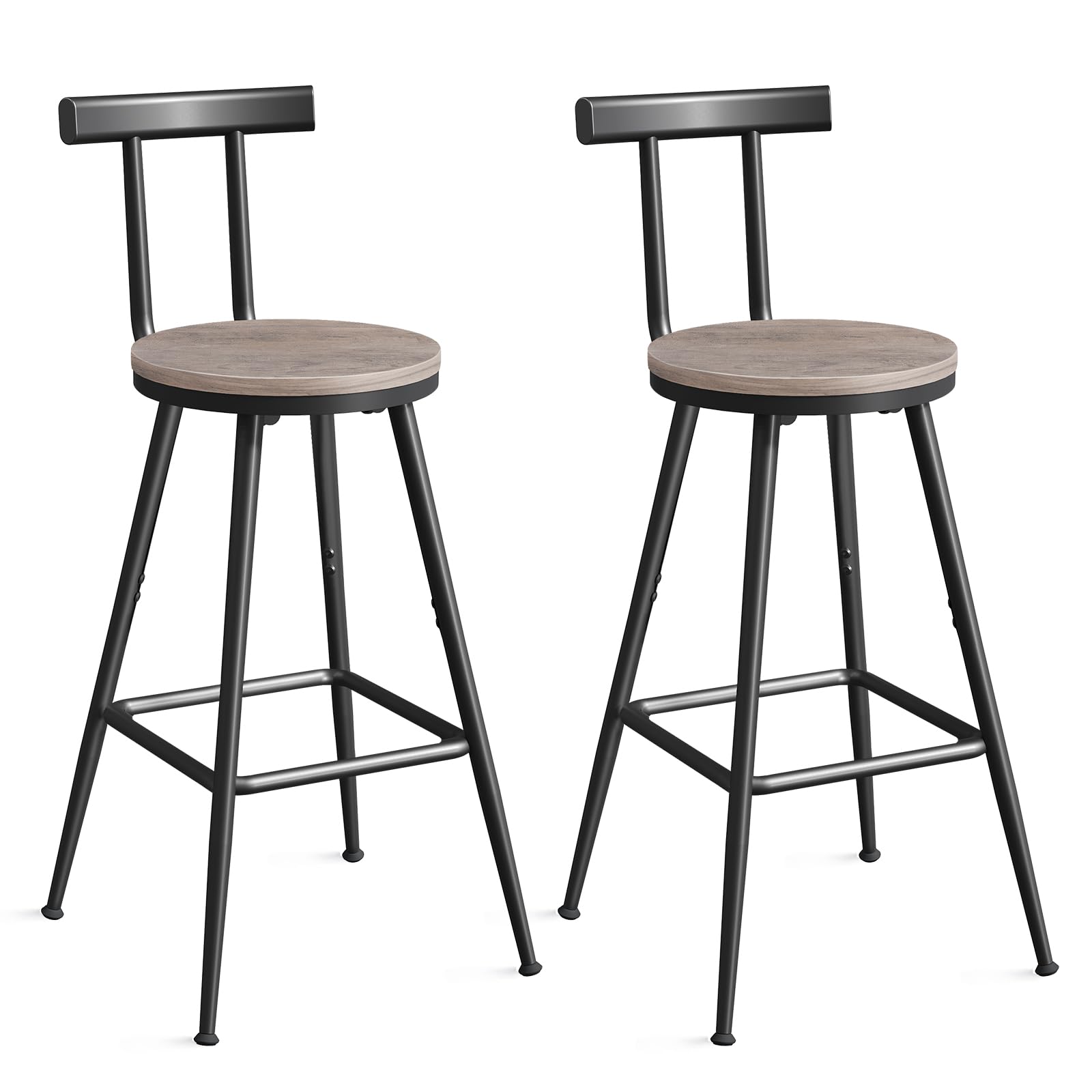 MAHANCRIS Bar Stools, Set of 2 Bar Chairs with Backrest and Footrest, 26" Tall Counter Stools, Metal Frame, Adjustable Feet, Easy Assembly, for