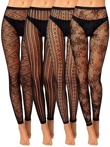 HICARER 4 Paar Schwarz Netzstrumpfhosen Gotisch Gemustert Strumpfhosen mit Hoher Taille Halloween Fußlos Fischernetz Leggings