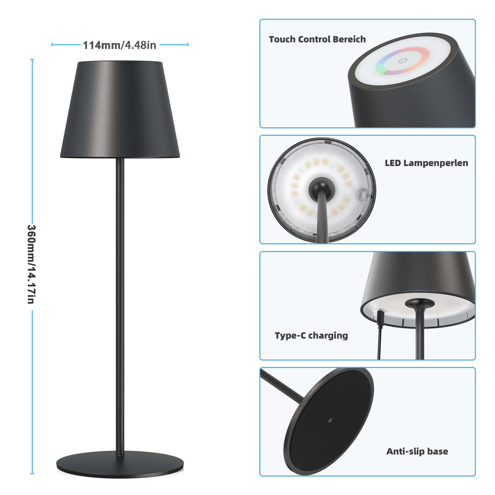 Lampe De Table Sans Fil FUYO - LED Tactile, 3 Couleurs, Dimmable - Rechargeable USB-C - IP54 - Métal
