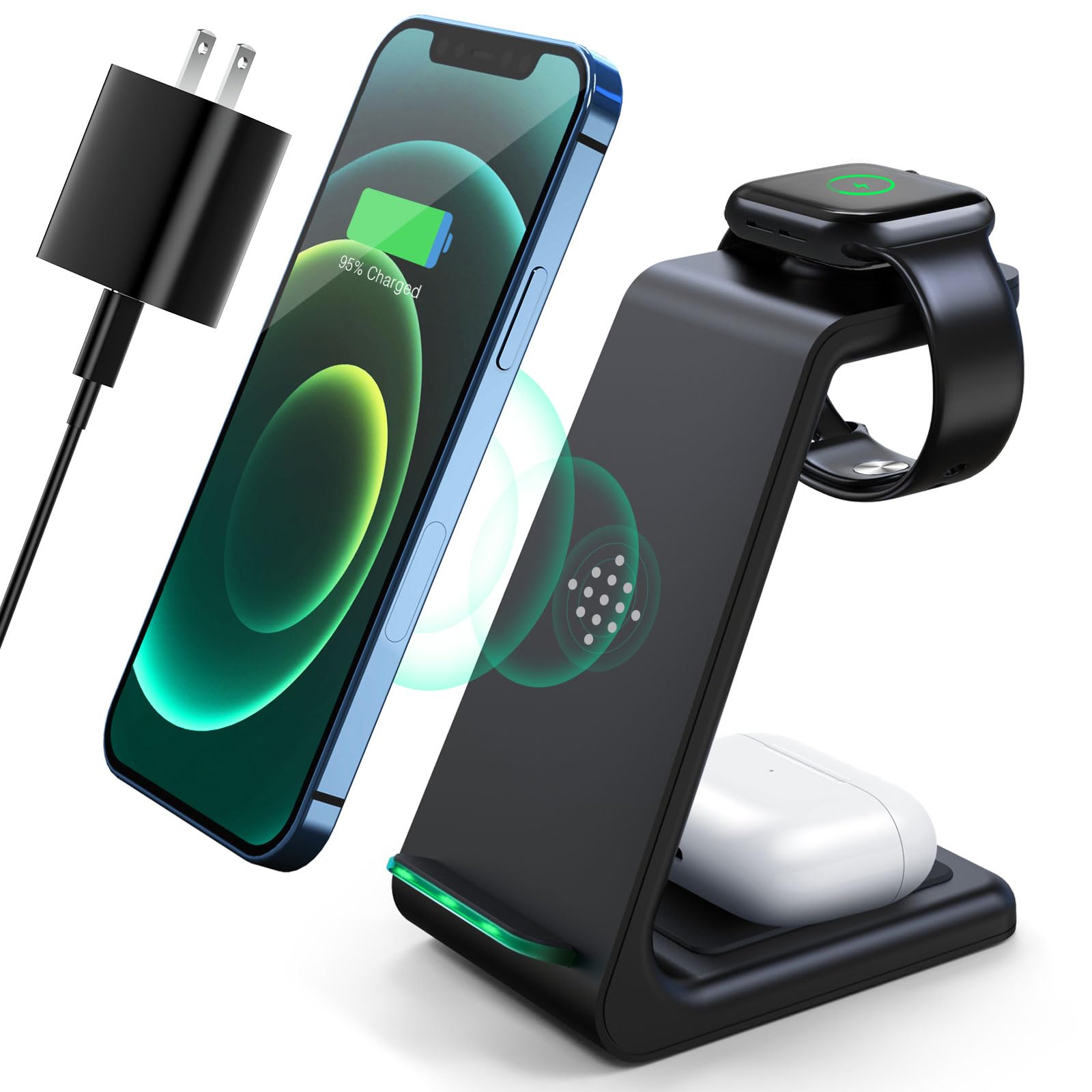 Photo 1 of 3 in 1 Wireless Charging Station, 2026 Upgraded Fast Desk Charger Station for iPhone 17 16 15 14 13 12 Pro Max Plus, Charger Stand for Apple Watch 10 9 8 7 6 5 4 3 2 SE, Airpods 4 3 2 Pro(Black)
