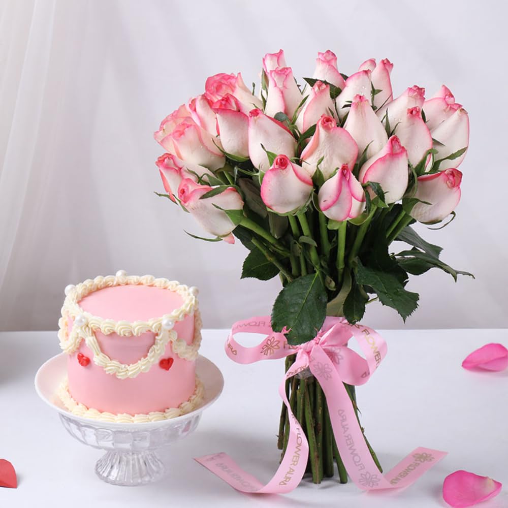 FlowerAura Premium Gift Combo of Fresh Live 500g Butterscotch Cake & 25 Pink Roses Flower Bouquet For Birthday | Anniversary | Love | Father's Day | Mothers Day Gift For Mom (Same Day Delivery)-image-15