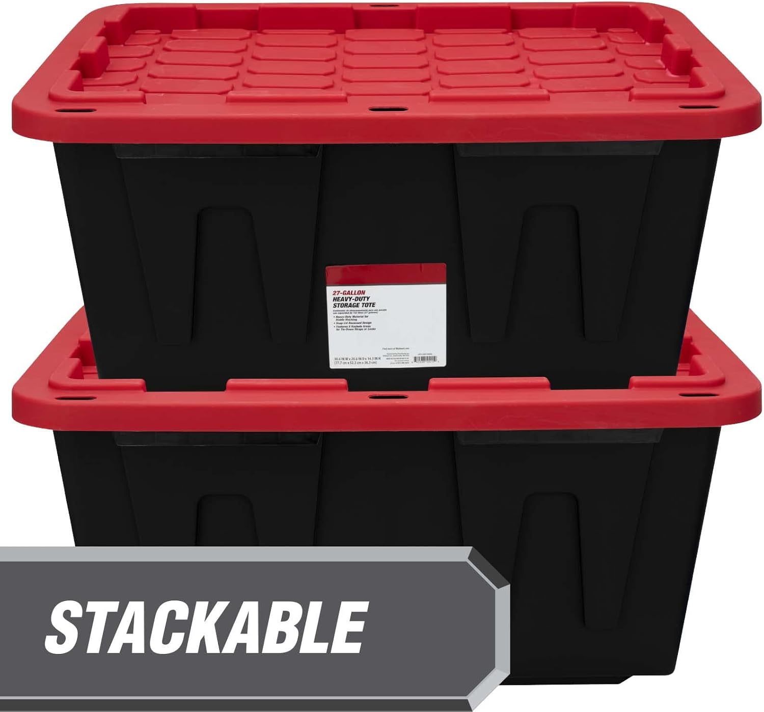 MioeDi 27 Gallon Stackable Snap Lid Plastic Storage Bin Container, Black with Red Lid, Set of 4, Black/Red