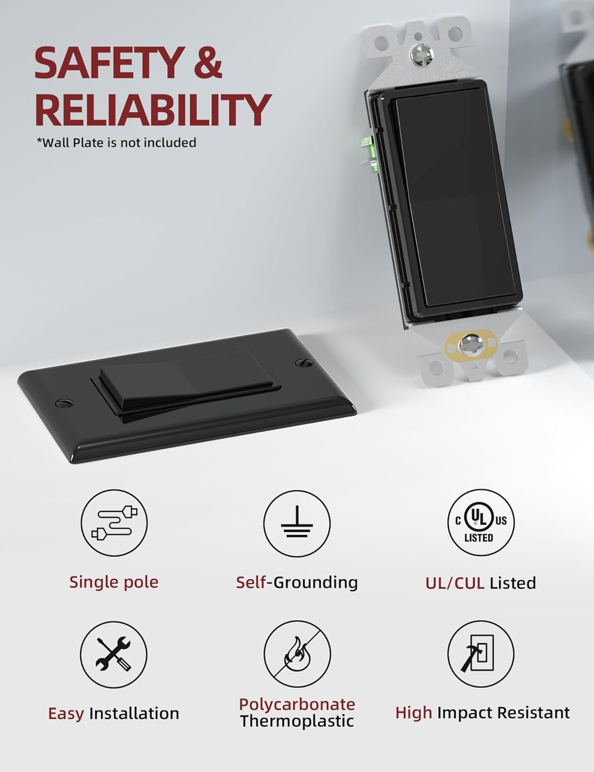 AIDA Single Pole Rocker Decorator Light Switch, 15 Amp Self-grounding Electrical Light Switches, Residential Grade, UL Listed (50, Glossy Black, Without Wall Plate)