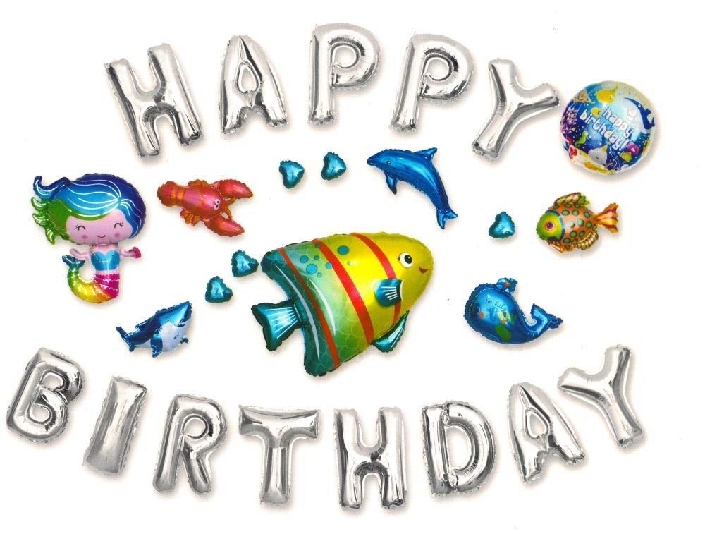 Vibgyor Vibes Silver Metallic Happy Birthday Party Foil Balloons Banner Aquatic Theme