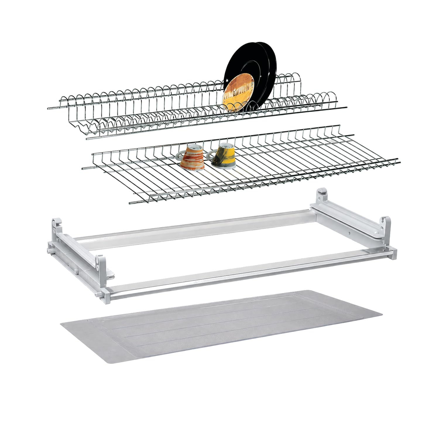 Crisalide® Scolapiatti per Pensile in Acciaio Cromato, Modelli 86 cm, Telaio in Alluminio Anodizzato, Vaschetta Raccogligocce Trasparente, Porta Piatti e Bicchieri per Cucina
