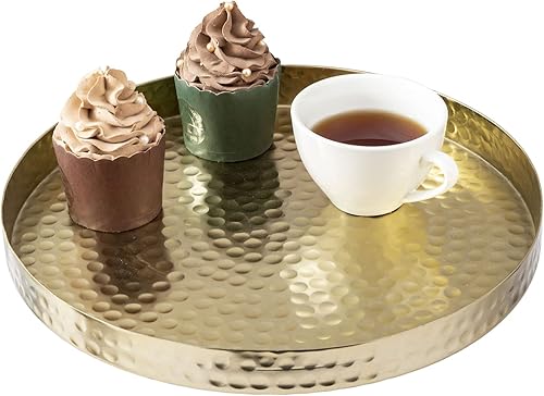 MyGift Bandeja Decorativa Redonda de Latón Martillado Deluxe de 11 Pulgadas - Bandeja de Servir y Exhibición Chapada en Aluminio, Centros de Mesa