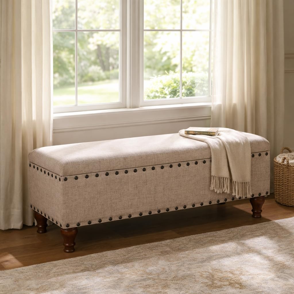 HomePop Large Storage Bench with Nailhead Trim - Tan