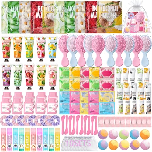 130 PCS Spa Party Supplies for Women Include Face Masks Skincare Hand Cream Lip Balm Lip Mask Under Eye Patches Hair Brush Foot Bath Bombs Spa Birthday Sleepover Party Supplies for Girls Women
