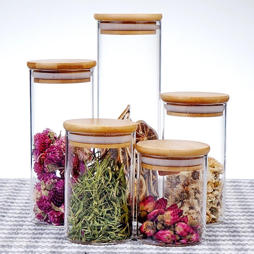 KWARE 5 Pack Glass Jars with wooden Lids Spice Jars with Lids and Labels, Airtight Small Glass Storage Jars Containers for Cereal, Tea, Coffee, Herbs, Seasoning, Sugar