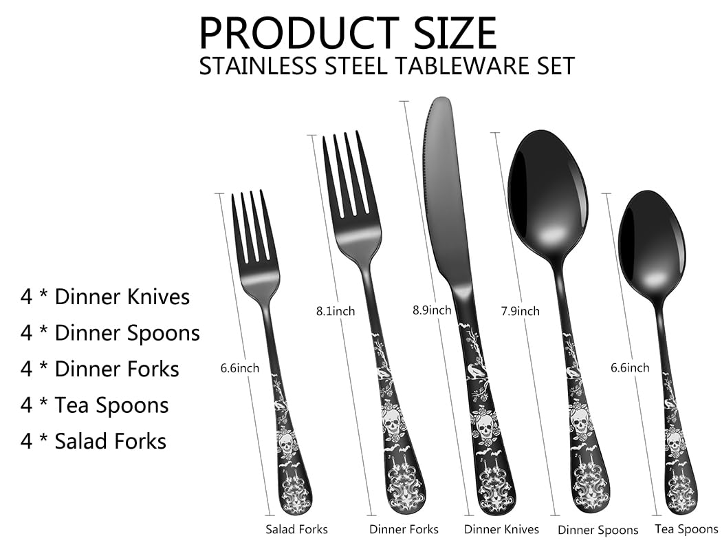 XIAOYU Set Posate 20 Pezzi Acciaio Inox Gotico Design Unico Halloween Teschio/Corvo/Fiore/Pipistrello