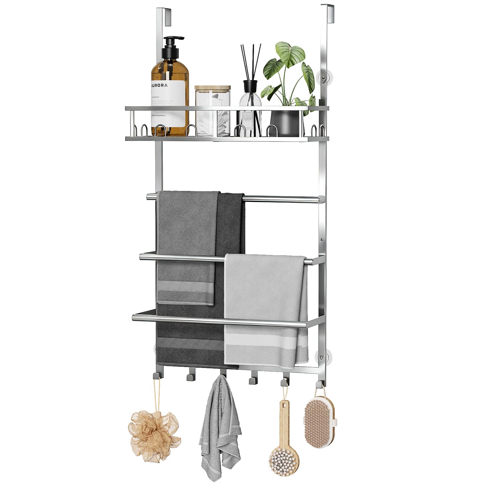 Aetyord Towel Racks for Bathroom Over The Door Towel Rack Towel Storage with Metal Shelf Basket and Hooks