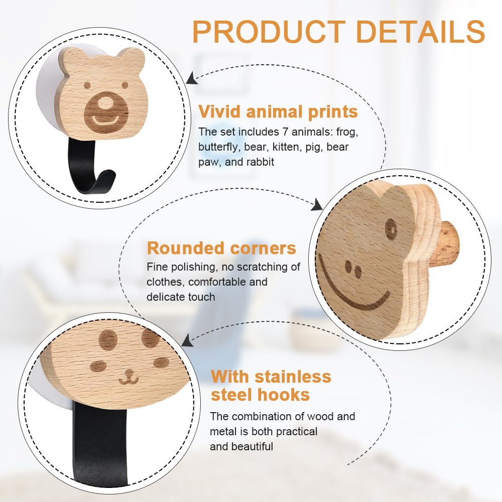 7 Ganchos de Pared para Infantil de Madera, Gancho de Pared Autoadhesivo Infantil con Forma de Animal, Perchero Infantil, Colgador de Pared, Colgador de Pared de Madera para Habitación, Baño