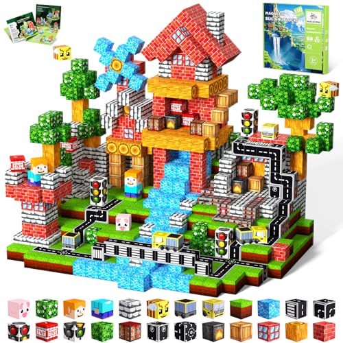 Magnetische Bausteine Bauspielzeug 100 Pcs Magnetbausteine für Kinder Montessori Kreative Spielzeug ab 3 4 5 6 7 8 9 10 Jahre Junge und Mädchen Magnetic Blocks Geschenke für Kinder（Waldtransport）