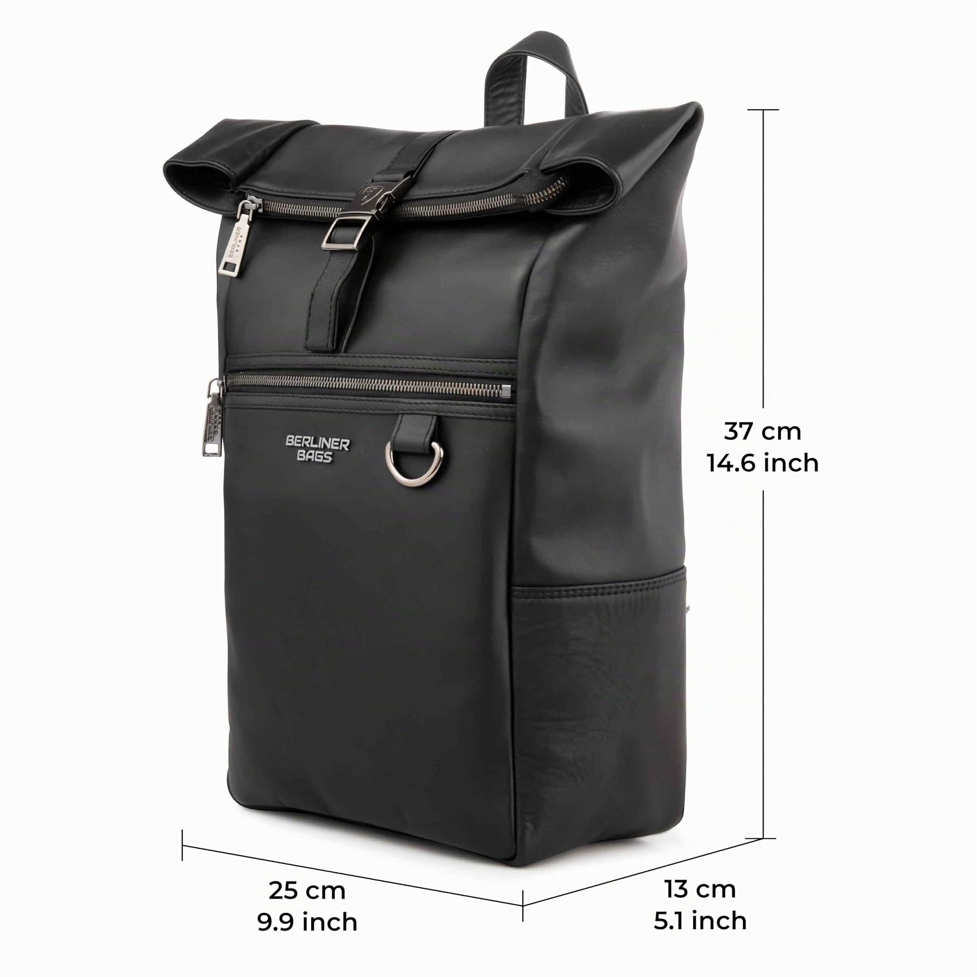 Berliner Bags Harlem Mochila de Piel Auténtica Impermeable con Diseño Rolltop y Funda para Portátil de 15”, Mochila Ejecutiva para Hombre y Mujer – Negro