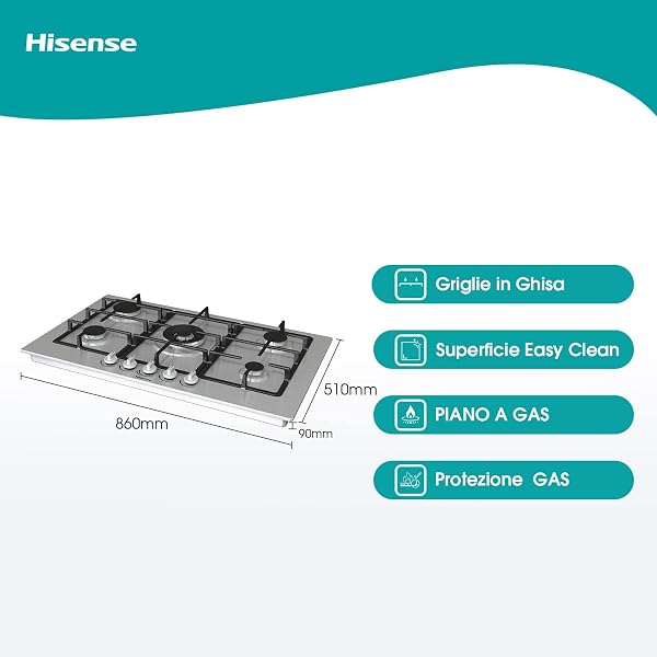Hisense GM973XF Piano Cottura a Gas 5 Fuochi, Larghezza 86 cm, Bruciatore Wok, Griglie Nere in Ghisa, Accensione Integrata, Acciaio Inox Anti-Impronta Easy Clean - 2